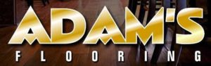 'Adam's in gold text, and flooring in white, over a brown, textured background.