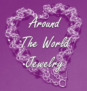 Around the World Jewelry logo has a chain mail bracelet in background in the shape of a heart.