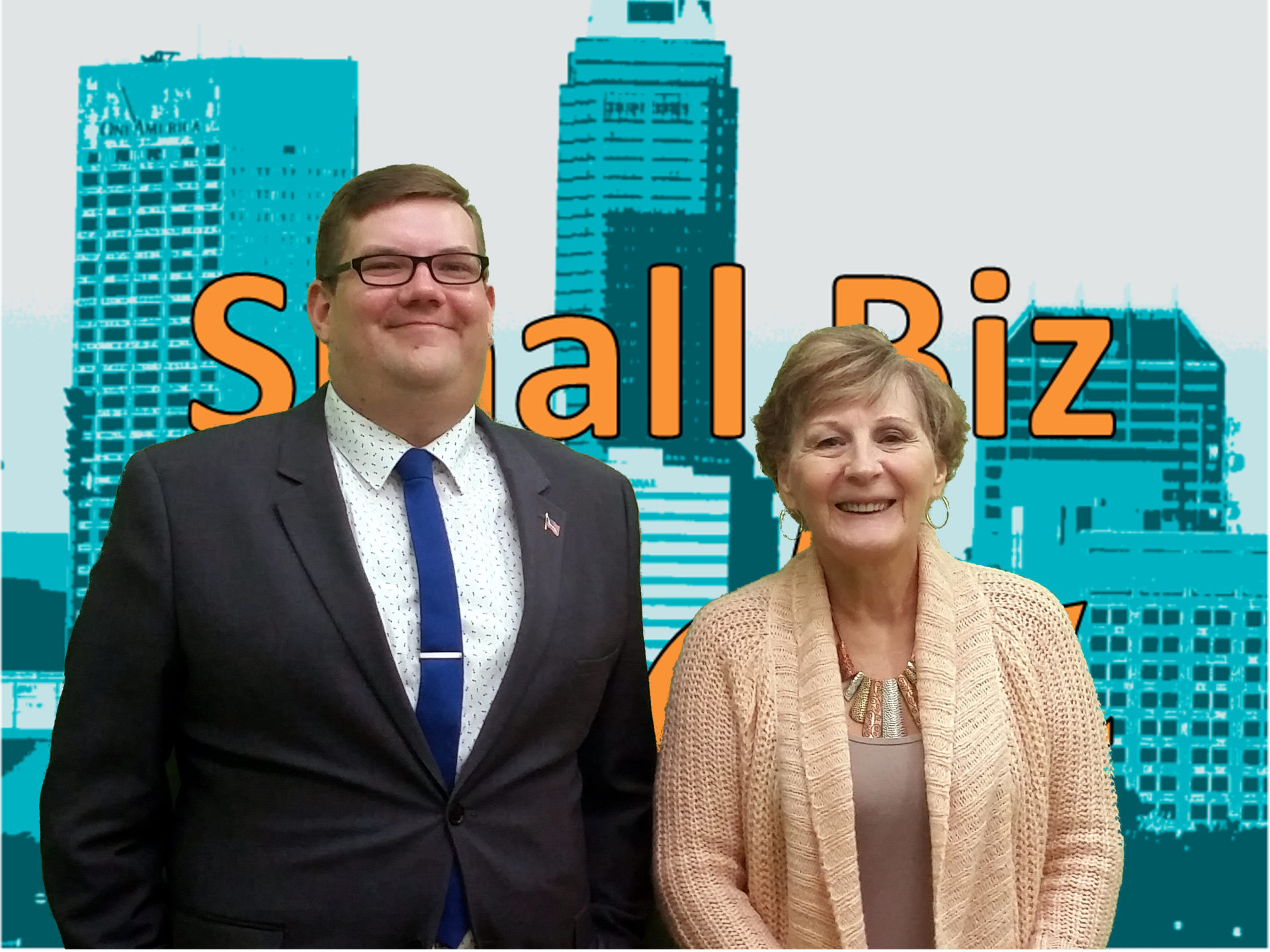 Ryan Henry and Terri L. Moore in front of text "Small Biz Indy" in orange over a teal colored skyline of Indianapolis.