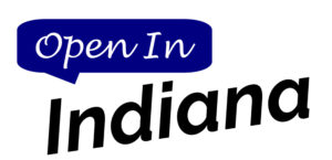 In a blue chat box is the text 'Open In' and under that in black text is 'Indiana', all over a white background.