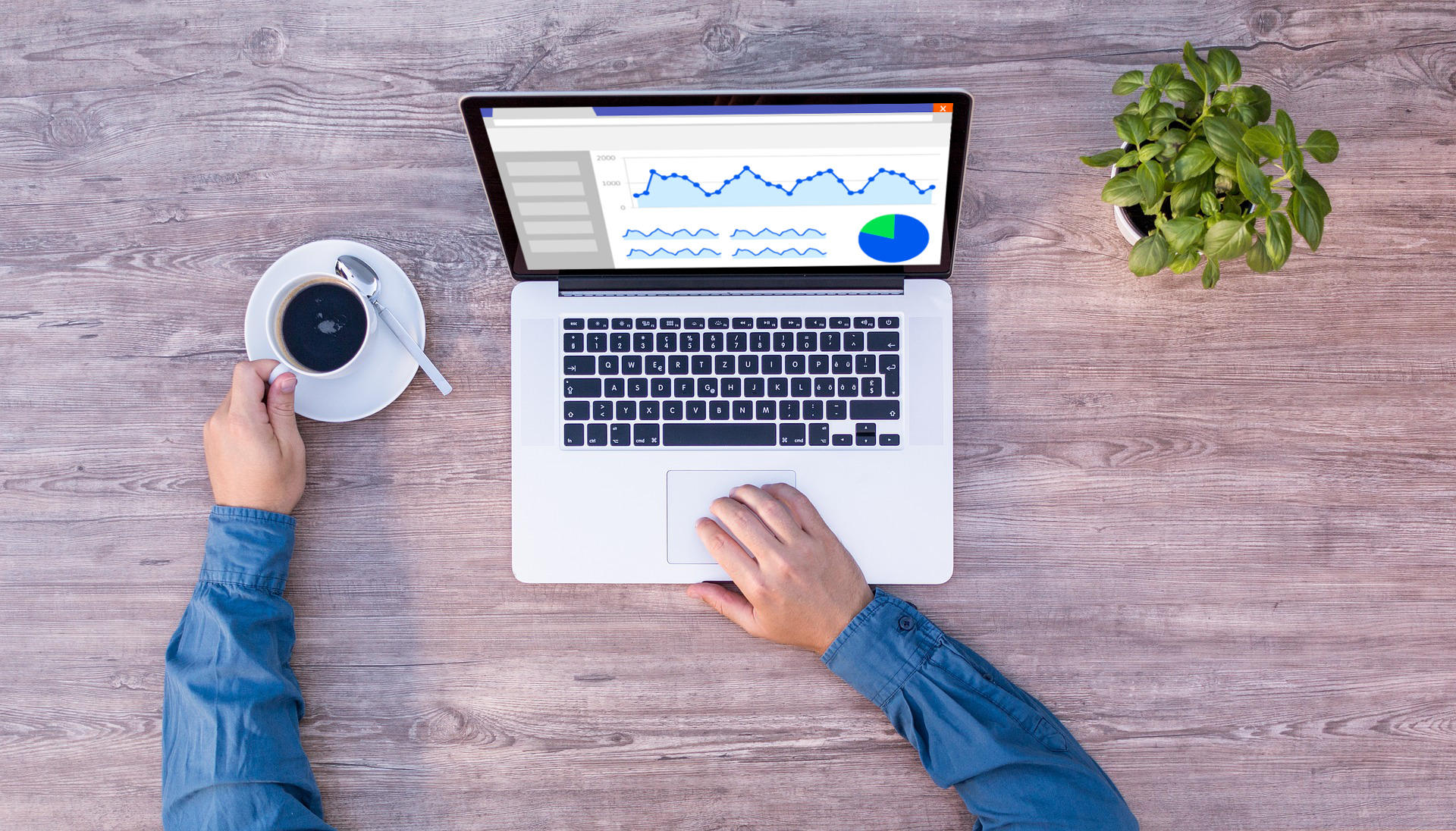 A person working with analytics on a laptop with a cup of coffee.